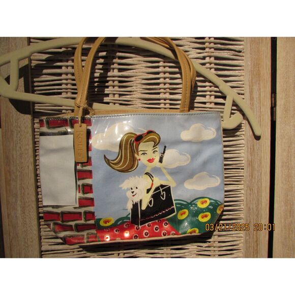 Rolfs canvas small tote bag purse girl with dog beaded cross body strap retro - Picture 1 of 9